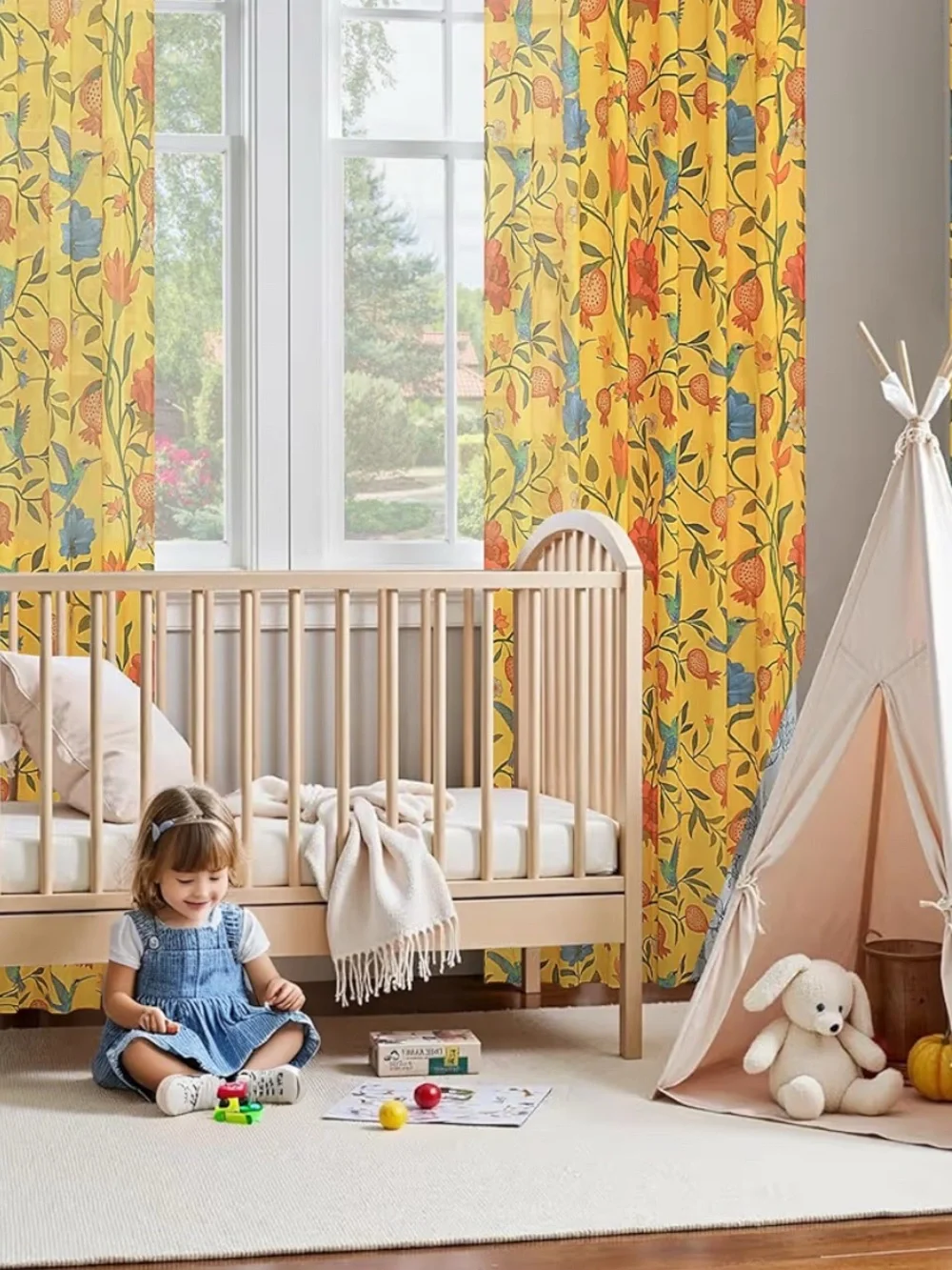 Floral bird yellow curtains 52 X 96” NEW